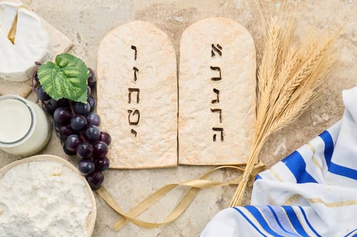 Preview: Shavuot holiday symbols with ten commandments tablets and dairy.