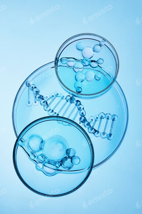 Preview: Abstract cosmetic lab. Visualizing dna helix and molecular structures in petri dishes