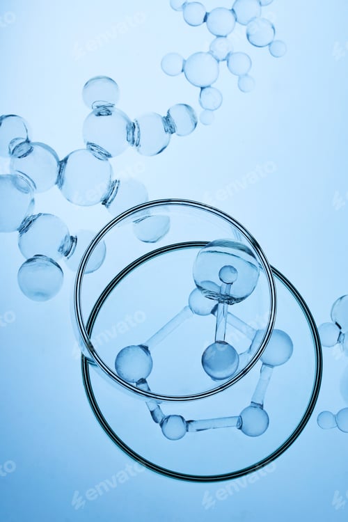 Preview: Abstract cosmetic lab. Glass molecules and petri dish in science laboratory