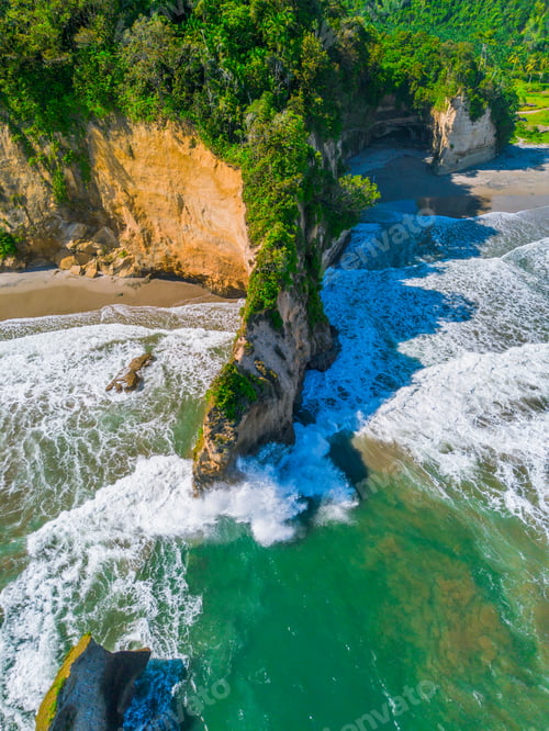Preview: The beautiful aerial view of the morning on the beach with blue sea water in Kaur, Bengkulu, Indones