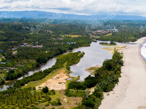 Preview: The beautiful aerial view of the morning on the beach with blue sea water in Kaur, Bengkulu, Indones