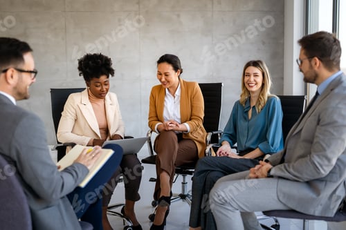 Preview: Success group of multiethnic entrepreneurs and business people achieving goals in corporate office