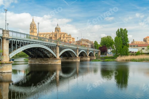 Preview: Cathedral of Salamanca on Sunny Day and Enrique Estevan Bridge. Spain