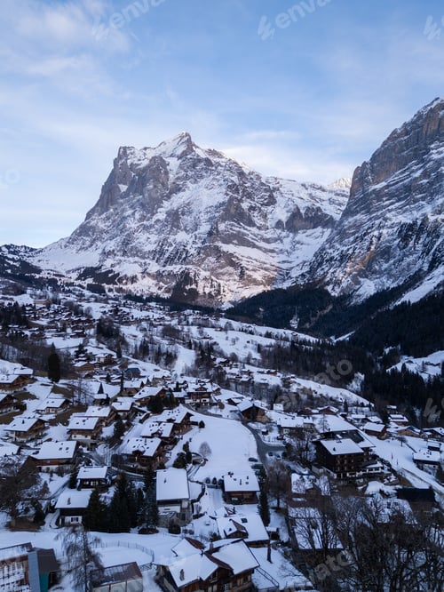 Preview: Wetterhorn Mountain and Grindelwald Town in Winter. Switzerland. Aerial View