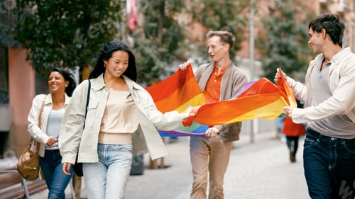 Preview: Diverse friends walking carrying rainbow flag