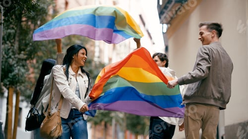 Preview: Diverse friends walking carrying rainbow flag