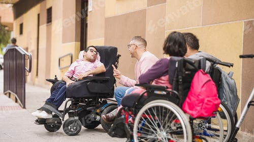 Preview: People with disability communicating at accessible urban setting
