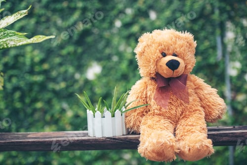 Preview: Smiling Teddy bear best friends toy for kids. Adorable Fluffy Brown Teddy Bear happy in green park.