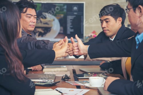 Preview: Group of diversity people fist bump holding hands together power of tag team. Teamwork Multiethnic p