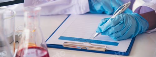 Preview: Banner Asian woman scientist hand write note research in medical lab look at science microscope. Pan