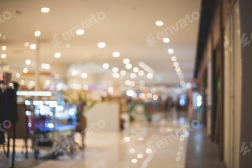 Preview: Blurred background bright shopping mall Silver gray lighting. defocused store light bokeh in retail