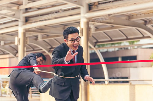 Preview: Business competition group of business people in formal suit run to finish line success goal victory