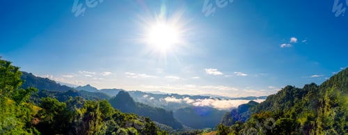 Preview: Banner Tropical summer blue sky fluffy white cloud summertime on light sunny day cloudscape. Panoram