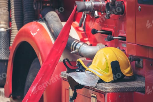Preview: Vehicle Firefighter equipment tools fighting with fire flame protection property. safety Rescue trai