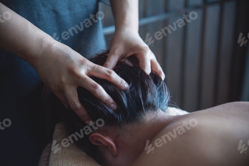 Preview: Close up Massage Thai Spa head therapy Massaging neck shoulder stretching pain relief. Woman office