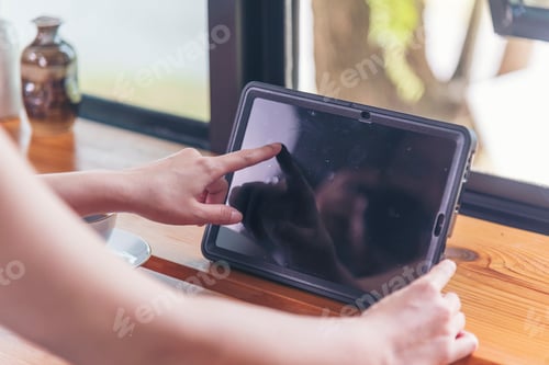 Preview: Woman hands using smartphone digital technology tablet empty blank screen. Close up Hands women hold