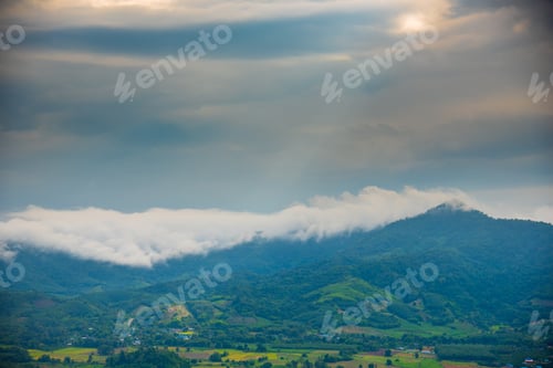 Preview: Beautiful Mountain landscape foggy windy mountain range green landscape asian farm. Amazing Landscap