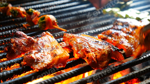 Preview: BBQ Barbecue grilled meat stick on fire flame with hot charcoal cooking outside. Beef grilling picni