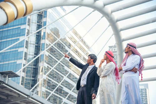 Preview: Arab muslim man team talking together UAE union teamwork people. United Arab Emirates diversity grou
