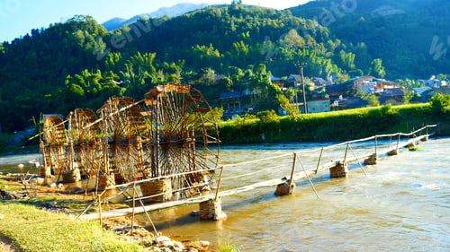 Preview: Wood water wheel Baler Machine in Agriculture Farm impeller lifted pumping water in river. Wooden Wa