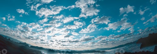 Preview: Banner Tropical summer blue sky fluffy white cloud summertime on light sunny day cloudscape. Panoram