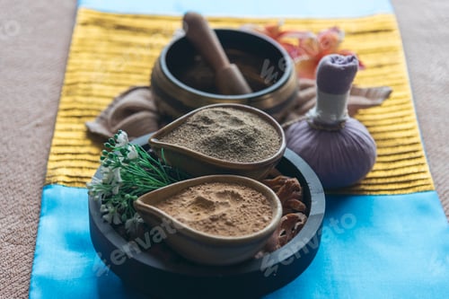 Preview: Thai massage ingredient spa herbal aromatherapy in luxury salon resort. Fresh aroma herb scrub set s