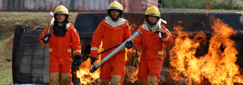 Preview: Firefighter Rescue training in fire fighting extinguisher. Firefighter fighting with flame using fir