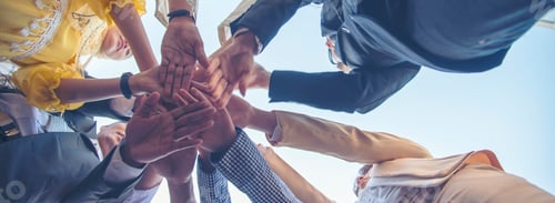 Preview: Banner diversity solidarity team multiethnic Partners hands together teamwork. Group of multiracial