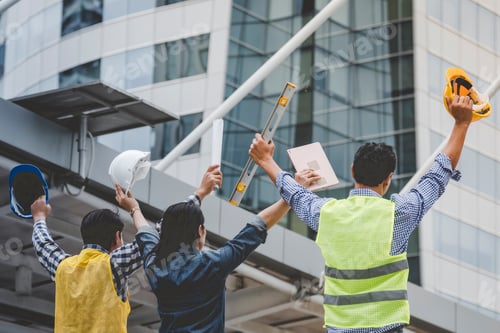 Preview: Group of construction engineer look at blueprint architecture building contractor design in modern c