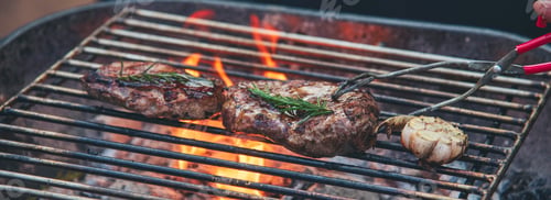 Preview: Banner BBQ Barbecue grilled meat stick on fire flame hot charcoal cooking outdoor. Banner Beef grill