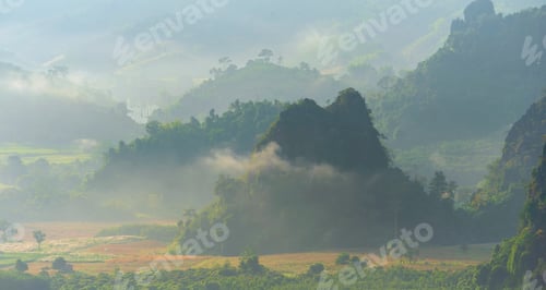 Preview: Beautiful Mountain landscape foggy windy mountain range green landscape asian farm. Amazing Landscap