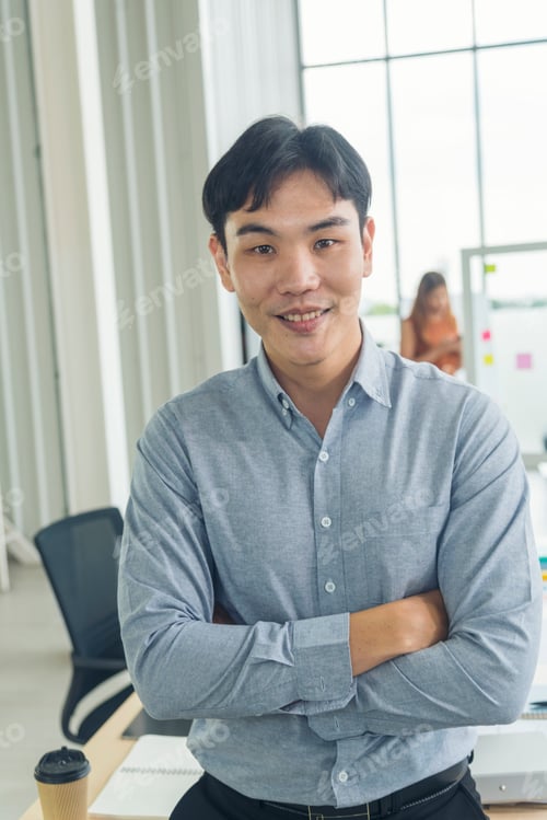 Preview: Portrait happiness businessman smiling face confident leader manager in modern city. Asian man hands