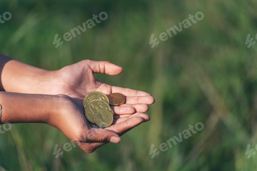 Preview: Financial Planner hand holding coin stack growing economy. Hands Protect Debt loan home financial pl