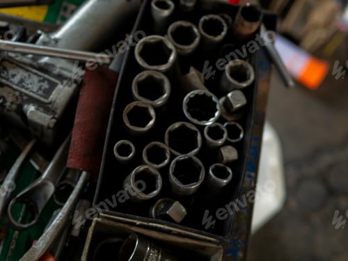 Preview: Mechanic tools engineering equipment car auto repair shop with copy space. Blurred background mechan