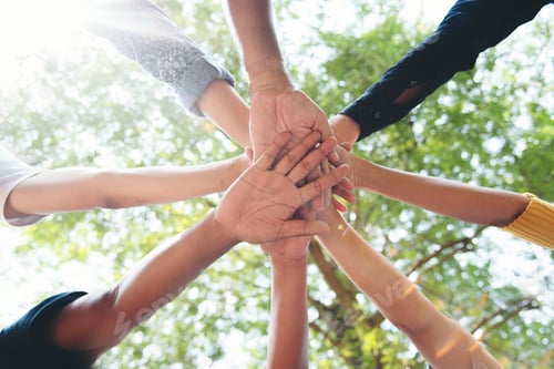 Preview: Diverse multiethnic Partners hands together teamwork group of multiracial people meeting join hands