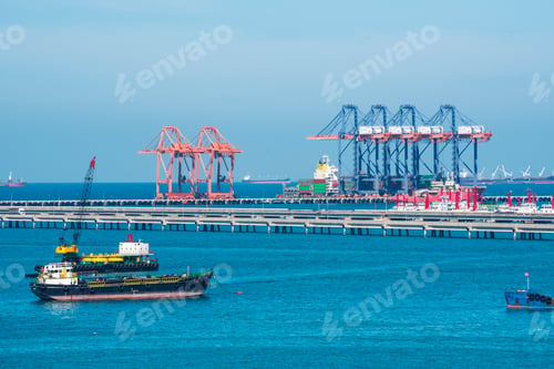 Preview: Engineering shipping crane depot at logistic export terminal control. Warehouse freight background c
