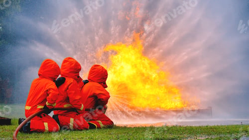 Preview: Firefighter fighting with flame using fire hose chemical water foam spray engine. Fireman wear hard