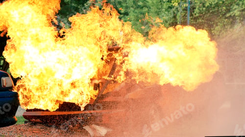 Preview: Fire explosion flammable airplane fire on smoke, hot danger flame burning effect. Fire burn airplane