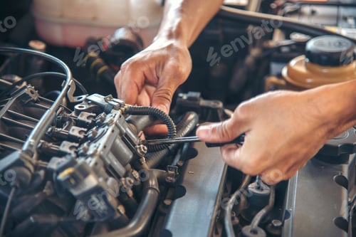 Preview: Close up Car Mechanic man hands repairing car auto repair shop. Man hands fixing machinery vehicle m