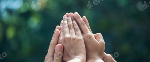 Preview: Banner Hand High Five Green Business Support Teamwork. Group Of Business People Trust team Social Ga