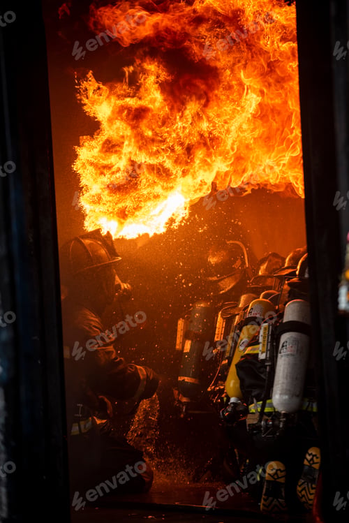 Preview: Vertical Horizon Firefighter Rescue training in fire fighting extinguisher. Firefighter fighting wit