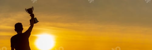 Preview: Banner Winner win hands holding golden champion trophy cup prize. Silhouette best award victory hand