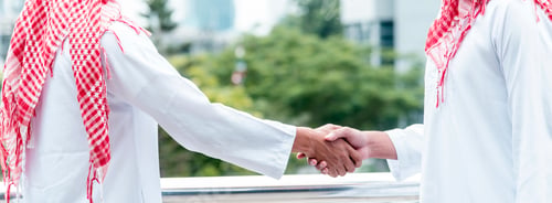 Preview: Banner Arab Businessman Muslim dress shaking hands together. Panorama Muslim Men Teamwork business p