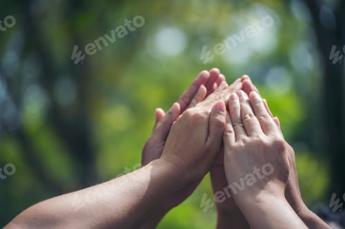 Preview: Group of teamwork high five team together hands raise up power partner. Diversity multiethnic group