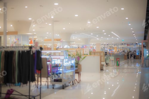 Preview: Blurred background bright shopping mall Silver gray lighting. defocused store light bokeh in retail