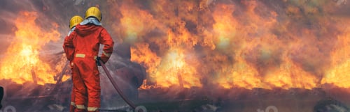 Preview: Firefighter Rescue training in fire fighting extinguisher. Firefighter fighting with flame using fir