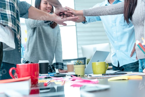 Preview: Group of diversity people fist bump holding hands together power of tag team. Teamwork Multiethnic p