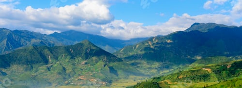Preview: Banner Beautiful Mountain landscape foggy mountain green landscape morning sunrise. Amazing Landscap