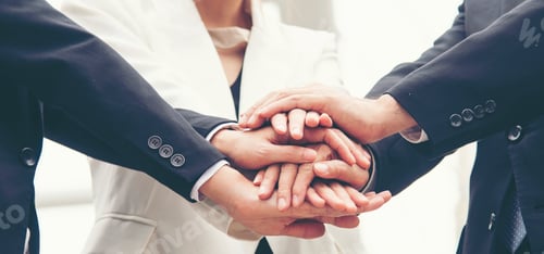 Preview: Banner Partners hands together teamwork group of business people meeting in firm company office. Pan
