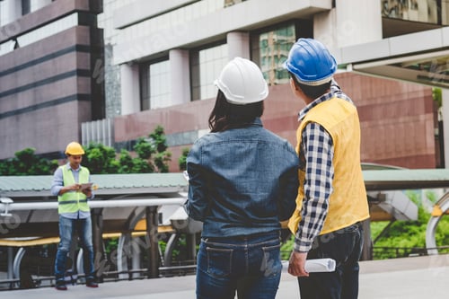 Preview: Banner Two engineer women businessman look at blueprint architecture building contractor. Team Engin